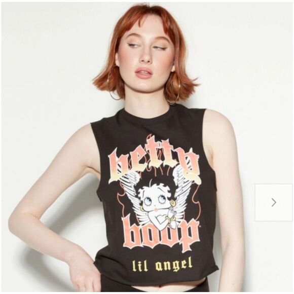 BETTY BOOP Tank Top Women’s XL Black Lil Angel Print Sleeveless Cut Out Cropped - Picture 1 of 14